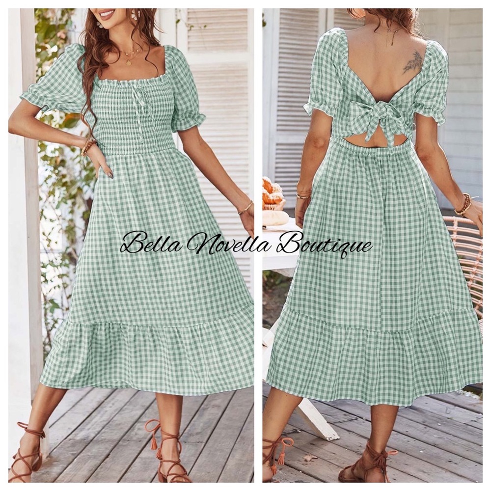 🔴 Green Gingham Check Tie Back Midi Dress